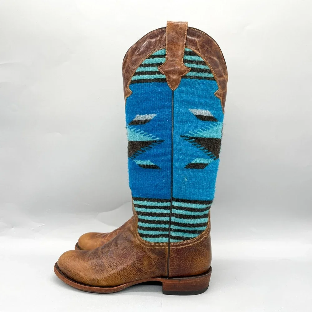 Stetson Womens 9 Serape Aztec Blanket Boots Shoe Blue Brown Tall Western Cowgirl_4